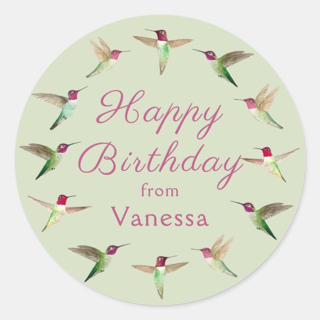 Custom Happy Birthday Anna's Hummingbirds Runder Aufkleber (Vorderseite)