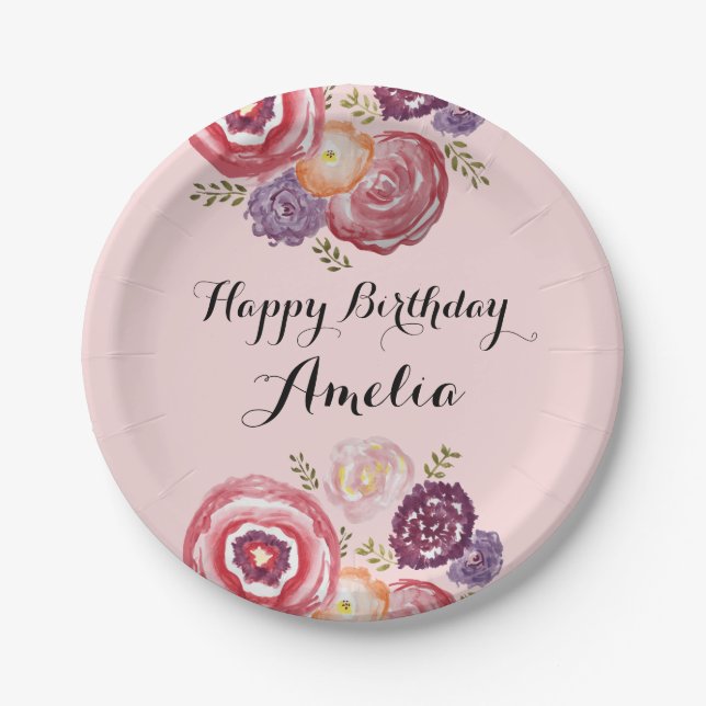 Custom Happy Birthday Pink Blume Paper Plate Pappteller (Vorderseite)