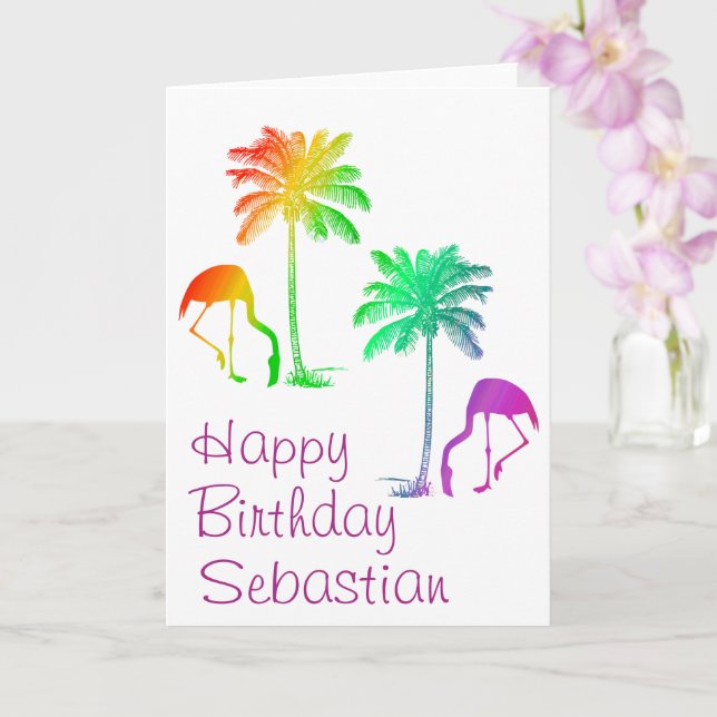 Custom Happy Birthday Rainbow Flamingos Palm Tree Karte (Orchidee)