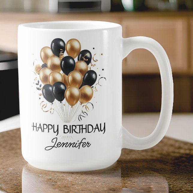 Custom Happy Birthday Tasse, Geschenk für sie oder Kaffeetasse (happy birthday mug, black and gold balloons mug, custom name mug, personalized birthday gift,)