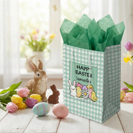 Custom Happy Easter Bunny Chick Green Gingham Mittlere Geschenktüte