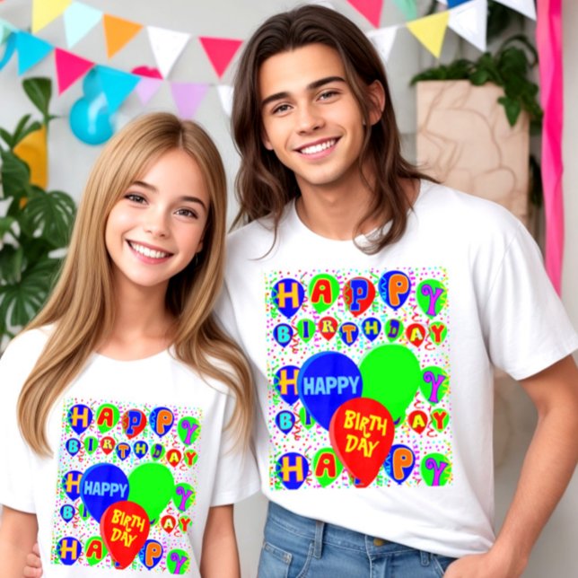 Custom Happy Geburtday Ballons T-Shirt (Happy birthday t-shirt, multicolor balloons and happy birthday typography on festive background.)