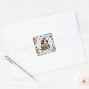 Custom Happy Holidays Chic Rustic Vintag Ephemera Quadratischer Aufkleber