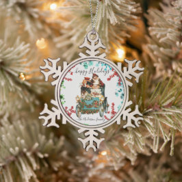 Custom Happy Holidays Chic Rustic Vintag Ephemera Schneeflocken Zinn-Ornament