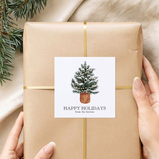 Custom Happy Holidays Cute Boho Christmas Tree Quadratischer Aufkleber (Von Creator hochgeladen)