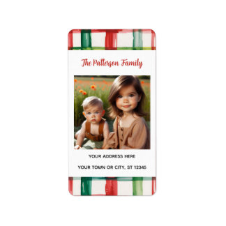 Custom Happy Holidays Fun Plaid Red Green Photo Adressaufkleber