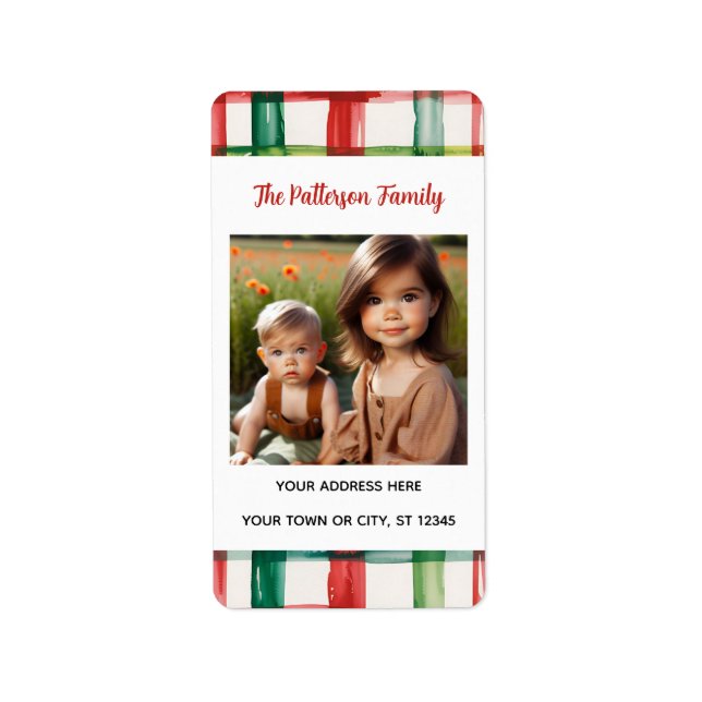 Custom Happy Holidays Fun Plaid Red Green Photo Adressaufkleber (Vorne)