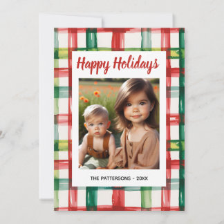 Custom Happy Holidays Fun Plaid Red Green Photo Feiertagskarte