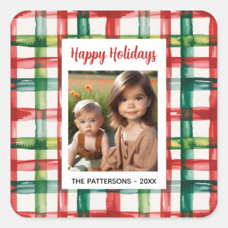 Custom Happy Holidays Fun Plaid Red Green Photo Quadratischer Aufkleber