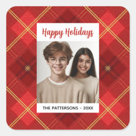 Custom Happy Holidays Fun Plaid Red Green Photo Quadratischer Aufkleber