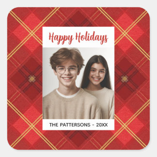 Custom Happy Holidays Fun Plaid Red Green Photo Quadratischer Aufkleber
