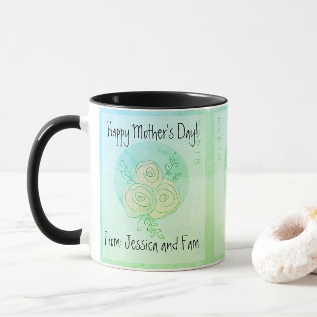 Custom Happy Mother's Day line art green Rose Tasse (Mit Donut)