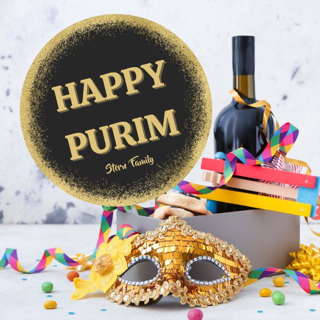 Custom Happy Purim Classic Gold Glitzer Runder Aufkleber (Von Creator hochgeladen)