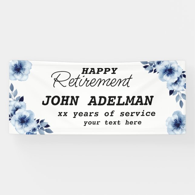 Custom Happy Retirement Blue Floral Modern Banner (Horizontal)