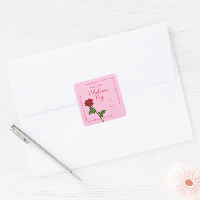 Custom Happy Valentine’s Day Rose Square Sticker (Umschlag)