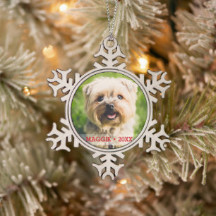 Custom Haustier Hund Foto Schöne Weihnachtsbaum Schneeflocken Zinn-Ornament