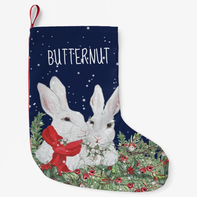 Custom Haustier Weihnachten Bunny Rabbit Blue Snow Kleiner Weihnachtsstrumpf (Vorderseite)