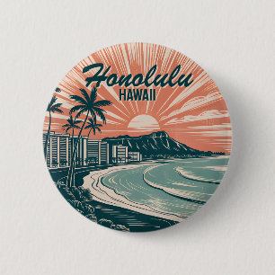 Custom Hawaii Honolulu Waikiki Beach Retro Travel Button