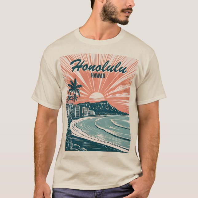 Custom Hawaii Honolulu Waikiki Beach Retro Travel T-Shirt (Vorderseite)