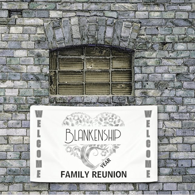 Custom Heart Art Tree White Silver Horizontal Banner (Give a warm WELCOME to family at your next reunion with this silver tree heart custom banner.)