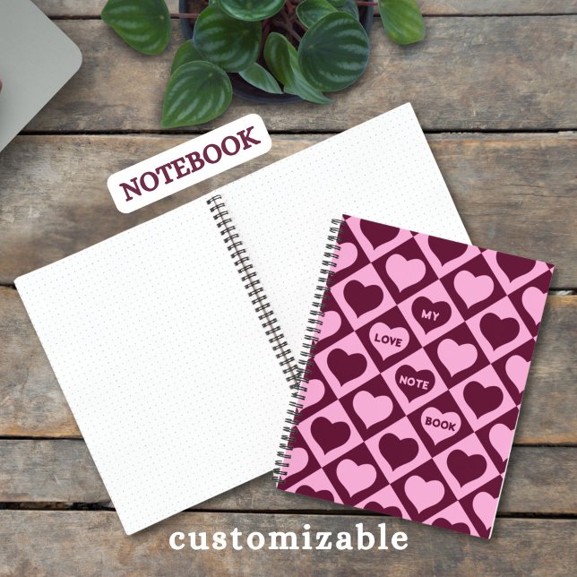 Custom Heart Checkerboard Pattern Bordeaux Pink -  Notizbuch (Von Creator hochgeladen)