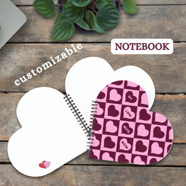 Custom Heart Checkerboard Pattern Bordeaux Pink -  Notizbuch (Von Creator hochgeladen)