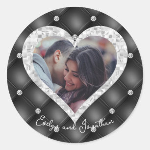 Custom Heart Foto Black & Silver Diamonds Wedding Runder Aufkleber