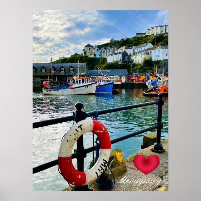 Custom Heart Mevagissey Hafen Lifebuoy Cornwall Poster (Vorne)