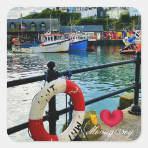 Custom Heart Mevagissey Hafen Lifebuoy Cornwall Quadratischer Aufkleber