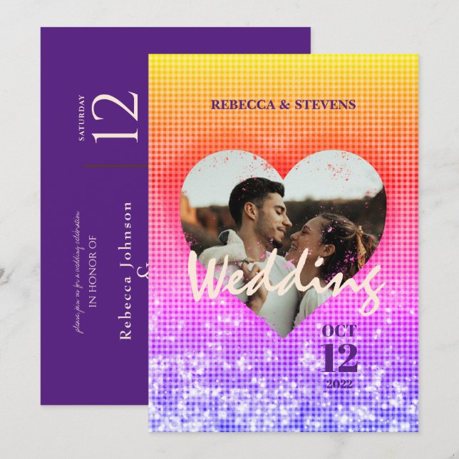 Custom Heart Stylish Ombre Kariert Foto Wedding Einladung (Vorne/Hinten)