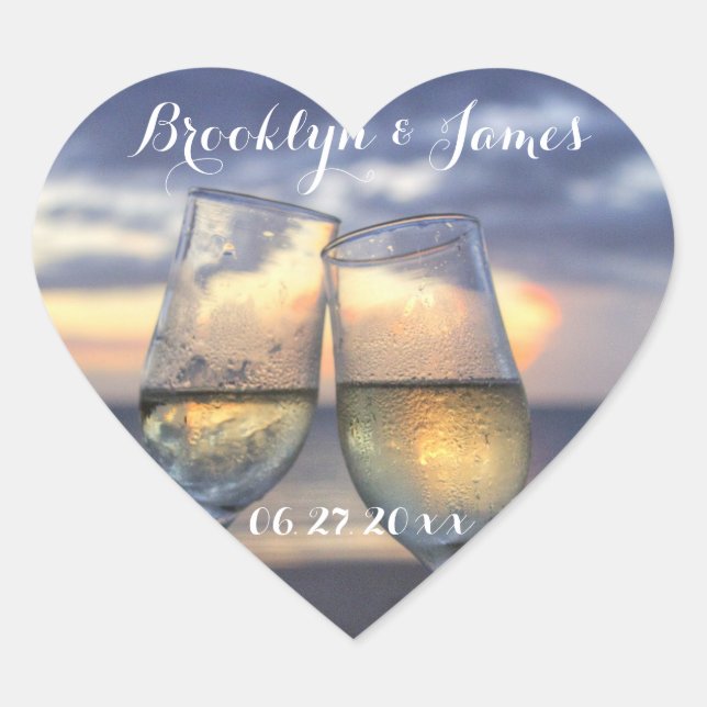 Custom Heart Sunset on Beach Wedding Stickers (Vorderseite)