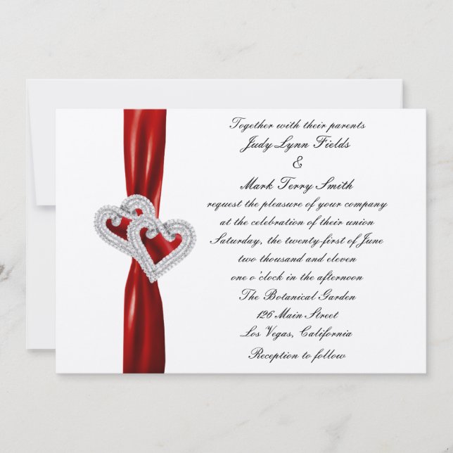 Custom Hearts Red Ribbon Wedding Einladung (Vorderseite)