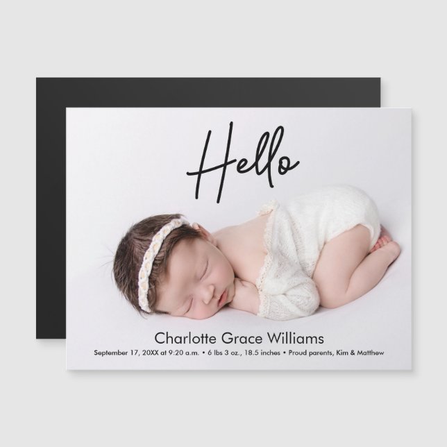 Custom Hello baby Girl Foto Geburtsankündigung Magneteinladung (Vorne/Hinten)