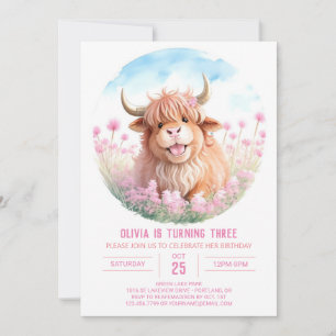 Custom Highland Cow Watercolor Girl Birthday Einladung
