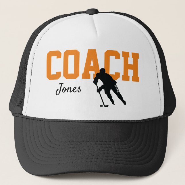 Custom Hockey Coach Name Orange Truckerkappe (Vorderseite)