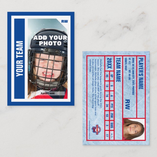 Custom Hockey Trading Card - Blau - Hinzufügen von Telefonnummerkarte (Vorne/Hinten)