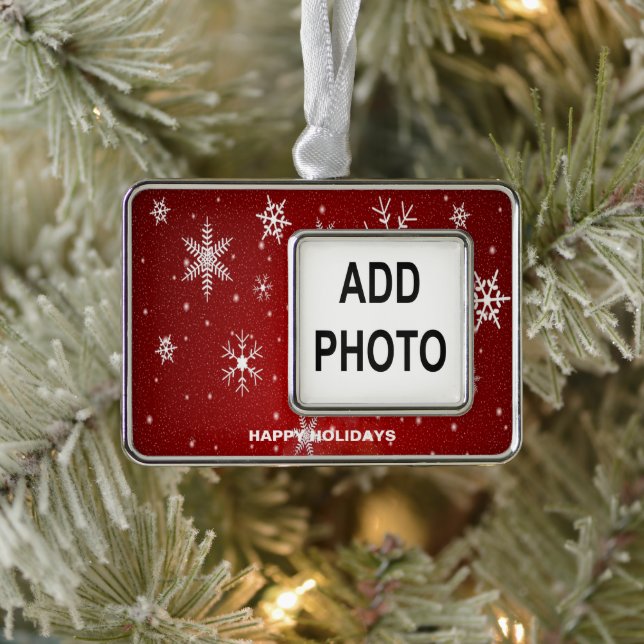 Custom Holiday Foto Weiße Schneeflocken Rot Rahmen-Ornament Silber (Baum)