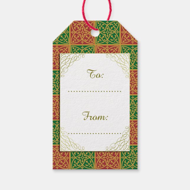 Custom Holiday Red and Green Fleur-de-lis Muster Geschenkanhänger (Vorderseite)
