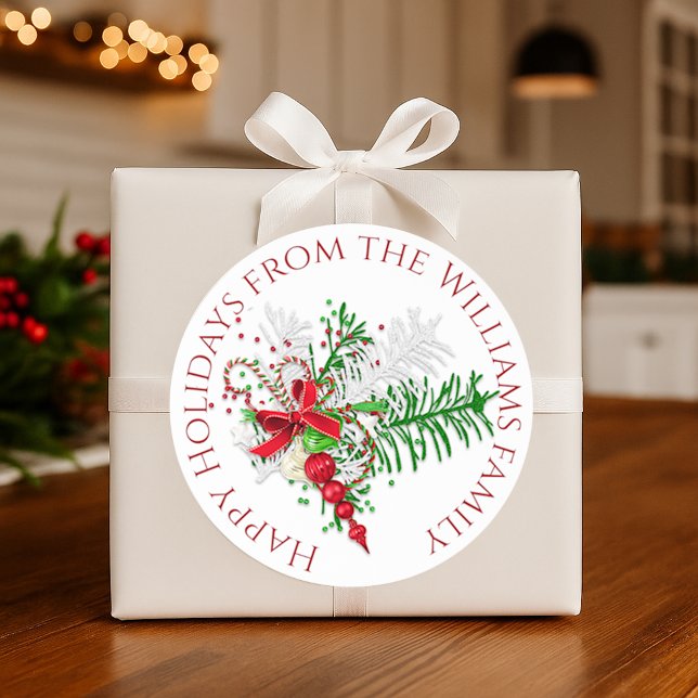 Custom Holiday Red White Candy Cane Green Foliage Runder Aufkleber (Von Creator hochgeladen)