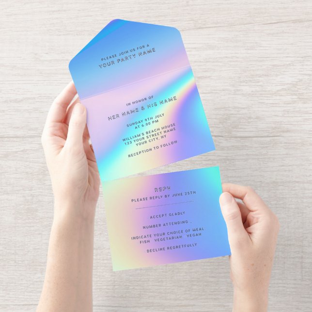 Custom Holographic Modern Elegante Foil All-in-One-Einladung (Abreißstreifen)