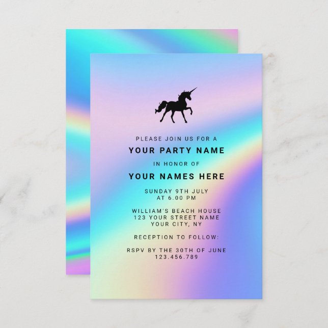Custom Holographic Modern Elegante Unicorn Party Einladung (Vorne/Hinten)