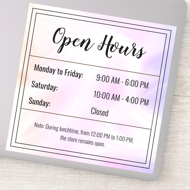 Custom Holographic opstone Open Hours Aufkleber (Detail)