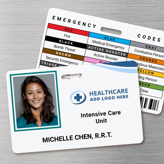 Custom Hospital Employee Photo ID Badge Ausweis (Double-sided photo ID badge with custom emergency codes and barcode image)