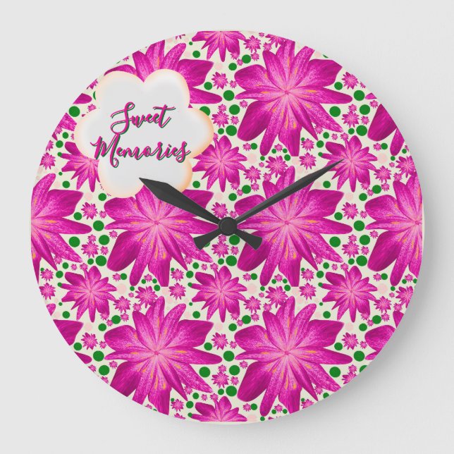 Custom Hot Pink Floral Seamless Pattern  Große Wanduhr (Vorderseite)