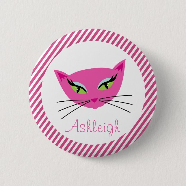 Custom Hot Pink Kitty mit Streifen Button (Vorderseite)