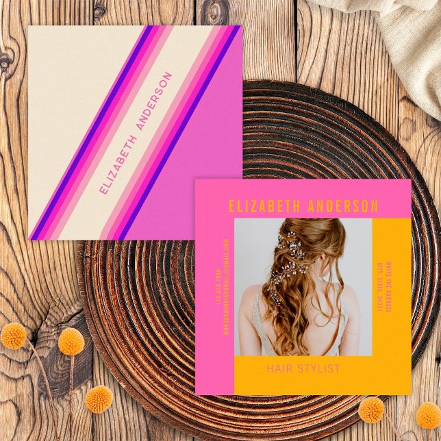 Custom Hot Roink Orange Retro Streifen 70er, 80er Quadratische Visitenkarte (Front/Back)