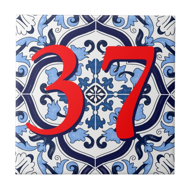 Custom House Number Blue Verziert Floral Sizilien Fliese (Vorderseite)