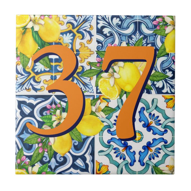 Custom House Number Floral Sicilian Lemon Fliese (Vorderseite)