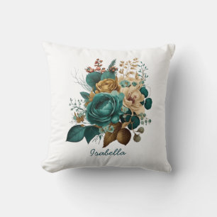 Custom Hübsch Watercolor Aquamarin Gold Floral Kissen