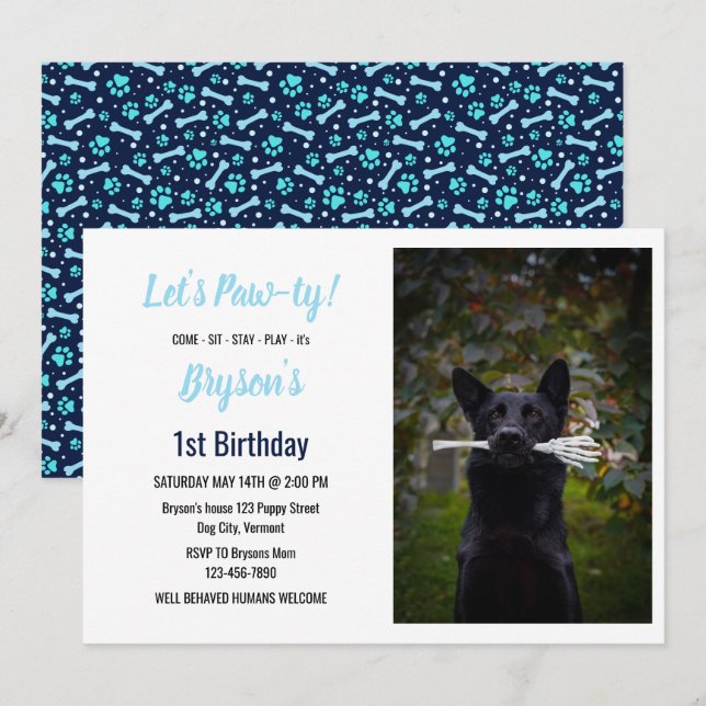 Custom Hund Birthday Blue Paw Print Puppy Pet Einladung (Vorne/Hinten)